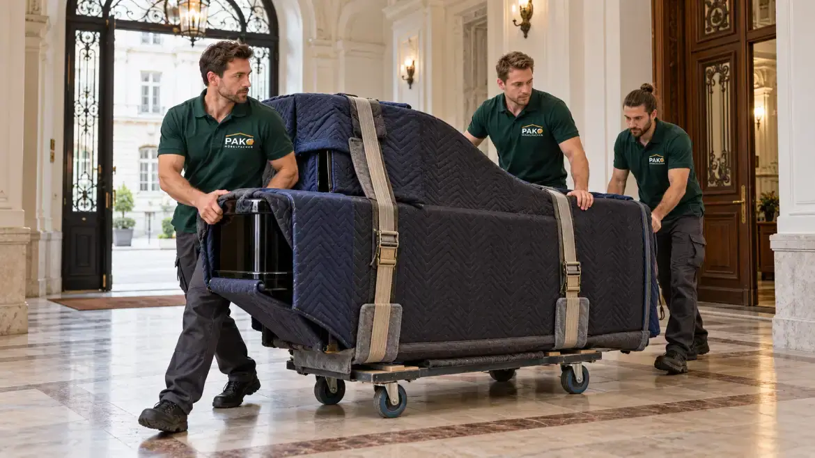 Drei Möbelpacker bewegen einen verpackten Flügel auf einem Rollbrett