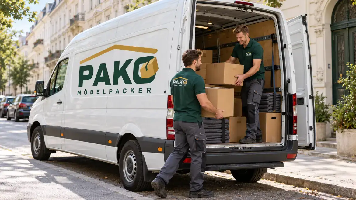 Zwei Möbelpacker laden Umzugskartons in einen Pako-Transporter