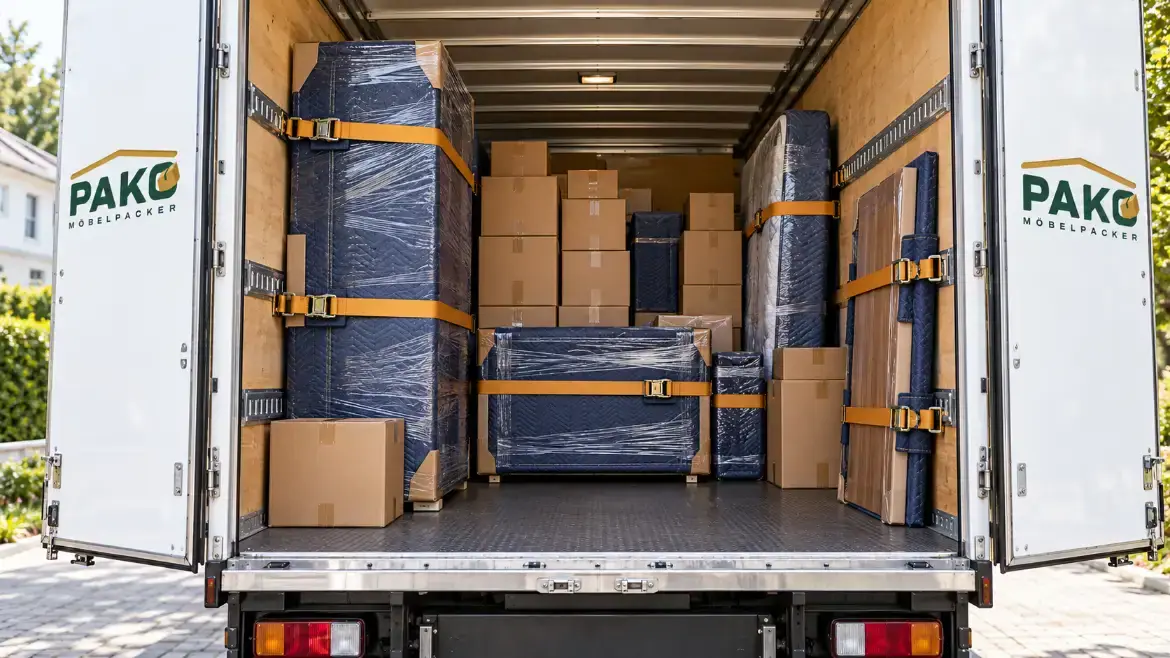 Laderaum mit festgezurrten, in Decken verpackten Möbeln und gestapelten Umzugskartons