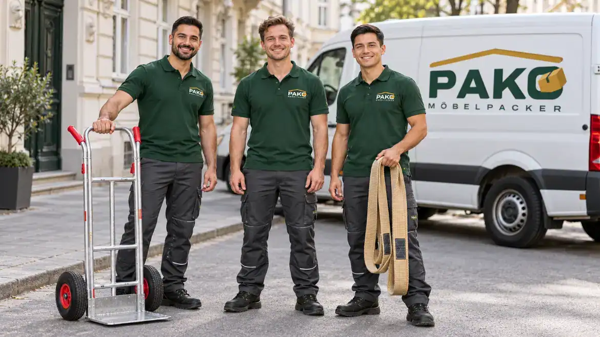 Drei Möbelpacker von Pako mit Sackkarre und Tragegurten vor dem Firmentransporter